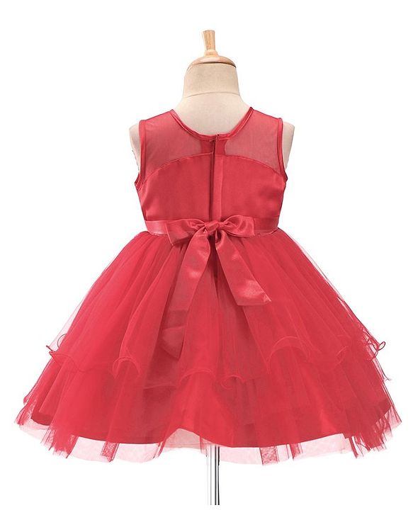 Babyhug Sleeveless Party Wear Frilled Dress With Floral Applique - Red