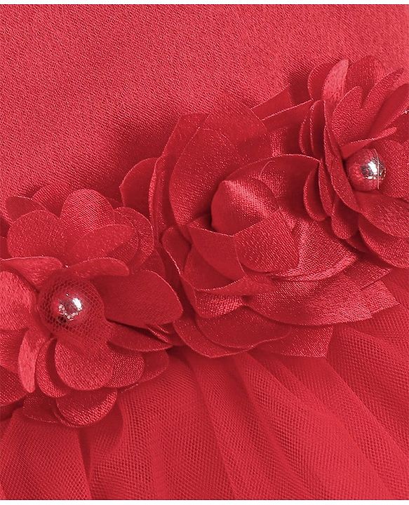 Babyhug Sleeveless Party Wear Frilled Dress With Floral Applique - Red
