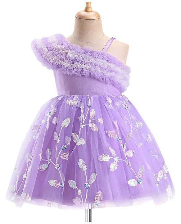 Babyhug One Shoulder Sleeves Party Dress With Leafs Embroidery & Sequin Detailing - Lavender