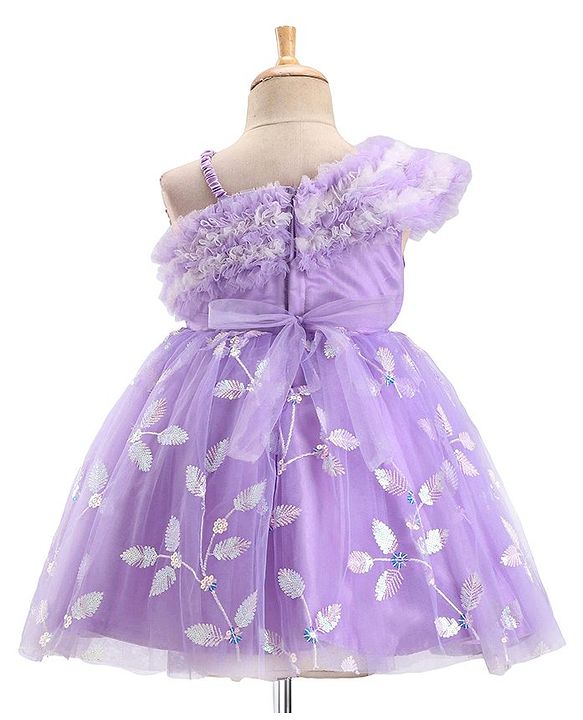 Babyhug One Shoulder Sleeves Party Dress With Leafs Embroidery & Sequin Detailing - Lavender
