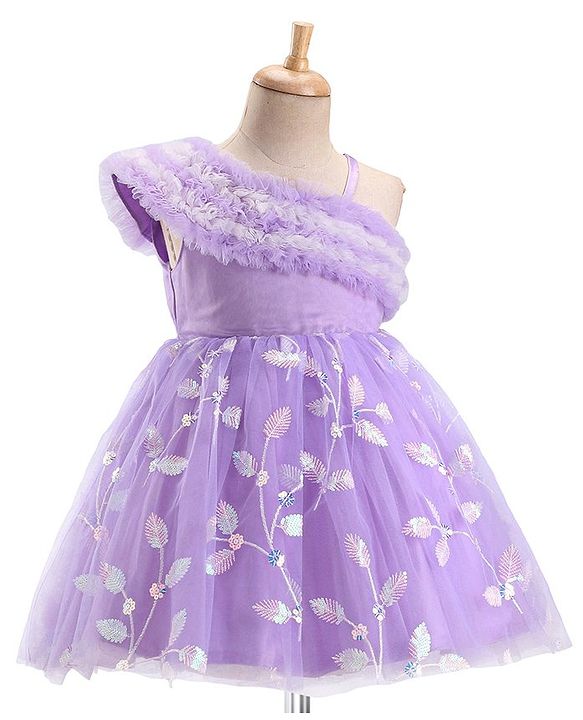 Babyhug One Shoulder Sleeves Party Dress With Leafs Embroidery & Sequin Detailing - Lavender