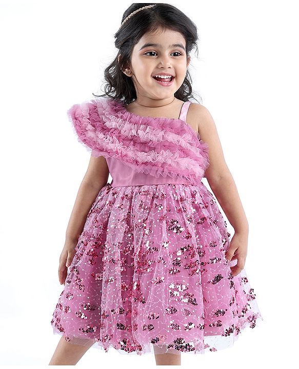 Babyhug Woven Sleeveless Party Wear Frock with Frill Design & Sequin Detailing - Pink