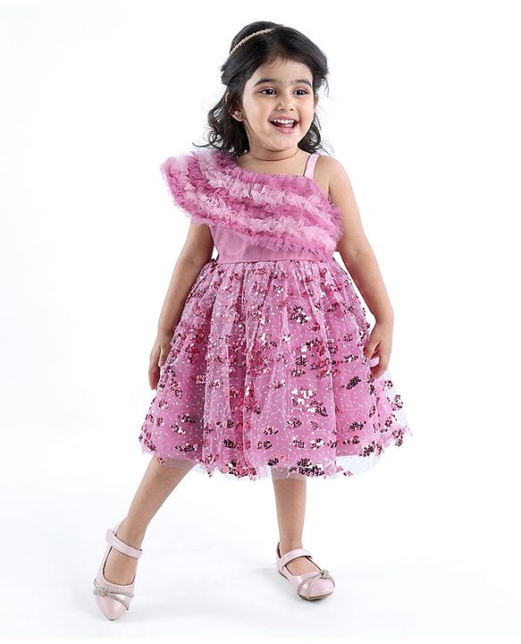 Babyhug Woven Sleeveless Party Wear Frock with Frill Design & Sequin Detailing - Pink