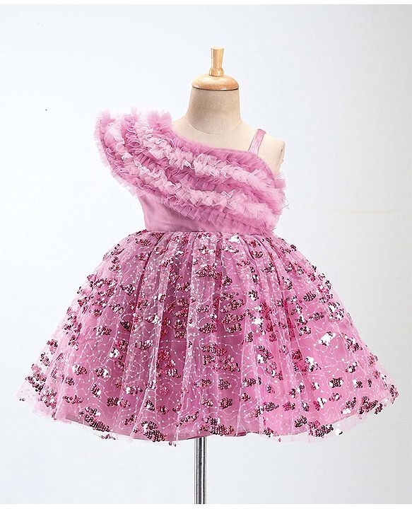 Babyhug Woven Sleeveless Party Wear Frock with Frill Design & Sequin Detailing - Pink