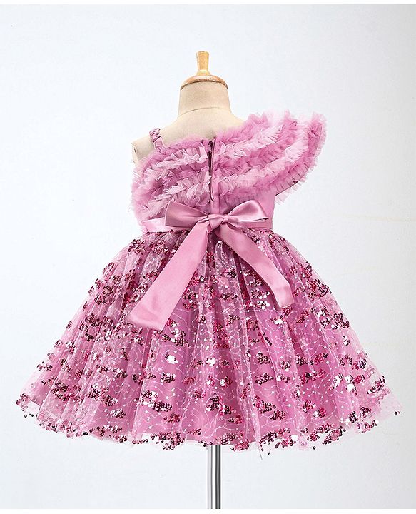 Babyhug Woven Sleeveless Party Wear Frock with Frill Design & Sequin Detailing - Pink