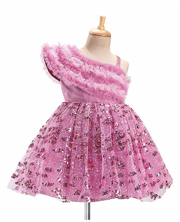 Babyhug Woven Sleeveless Party Wear Frock with Frill Design & Sequin Detailing - Pink