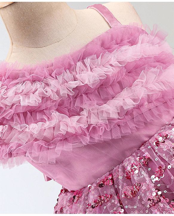 Babyhug Woven Sleeveless Party Wear Frock with Frill Design & Sequin Detailing - Pink
