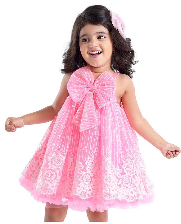 Babyhug Sleeveless Party Frock with Bow Applique - Pink