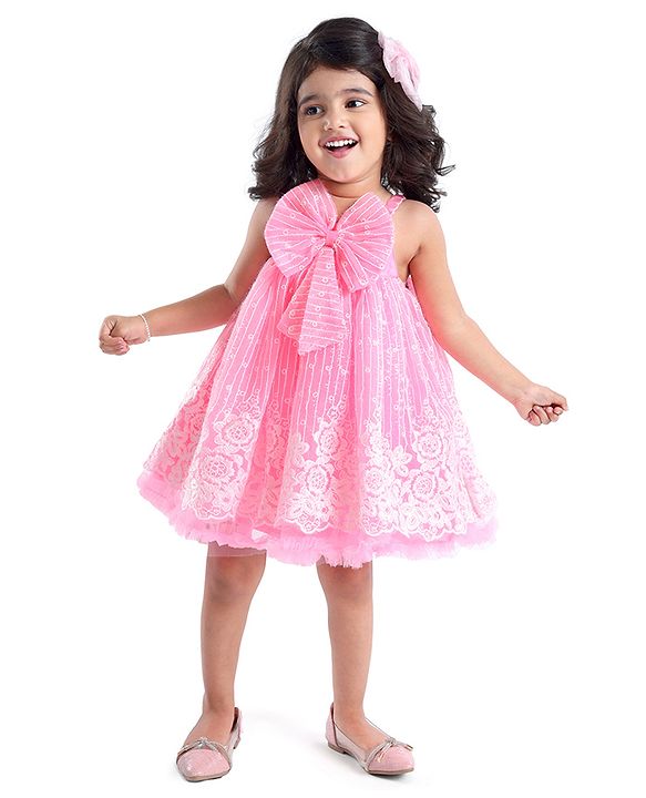 Babyhug Sleeveless Party Frock with Bow Applique - Pink