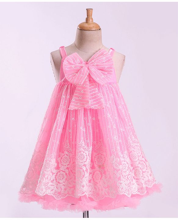 Babyhug Sleeveless Party Frock with Bow Applique - Pink