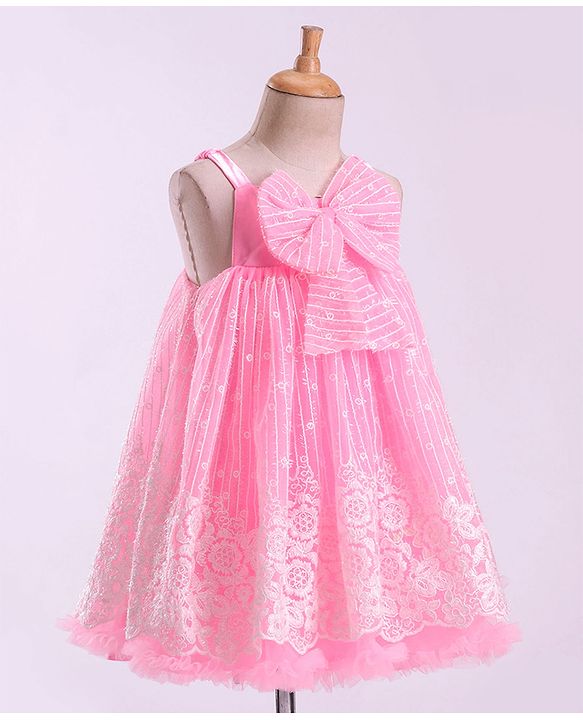 Babyhug Sleeveless Party Frock with Bow Applique - Pink