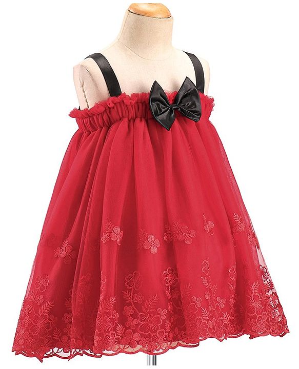 Babyhug Sleeveless Party Wear Dress With Floral Embroidery & Bow Applique - Red