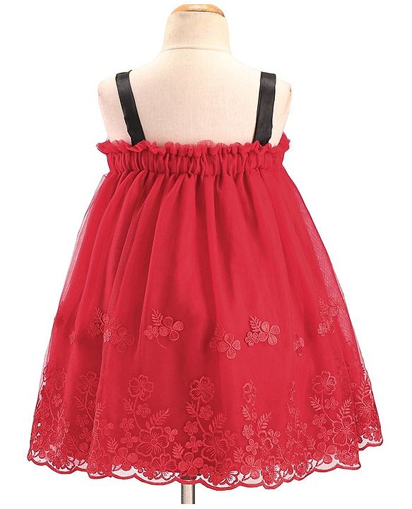 Babyhug Sleeveless Party Wear Dress With Floral Embroidery & Bow Applique - Red