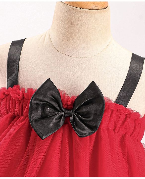 Babyhug Sleeveless Party Wear Dress With Floral Embroidery & Bow Applique - Red