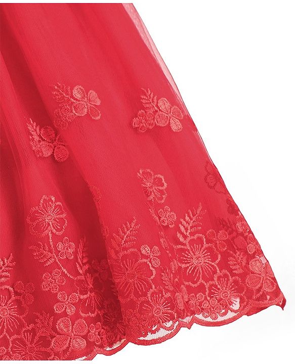 Babyhug Sleeveless Party Wear Dress With Floral Embroidery & Bow Applique - Red