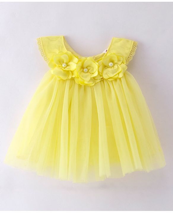 Babyhug Woven  Sleeveless Solid Colour Party Wear Dress with Floral Corsage - Yellow