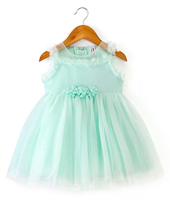 Babyhug Sleeveless Frock With Floral Applique - Green