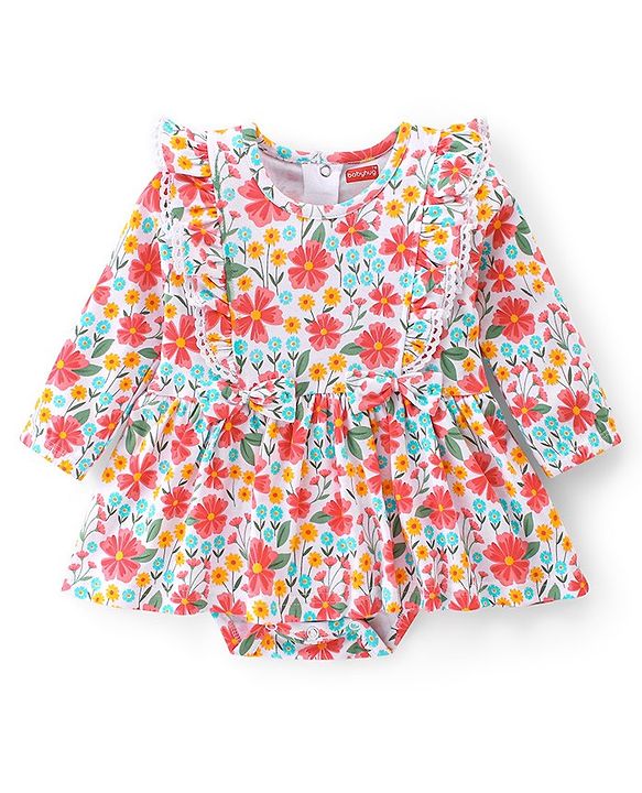 Babyhug 100% Cotton Knit Full Sleeves Frock Style Onesie with Headband Floral Print - Multicolour
