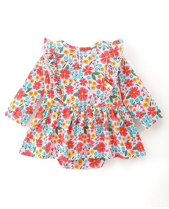 Babyhug 100% Cotton Knit Full Sleeves Frock Style Onesie with Headband Floral Print - Multicolour