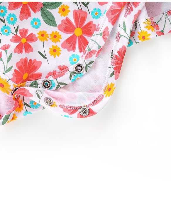 Babyhug 100% Cotton Knit Full Sleeves Frock Style Onesie with Headband Floral Print - Multicolour
