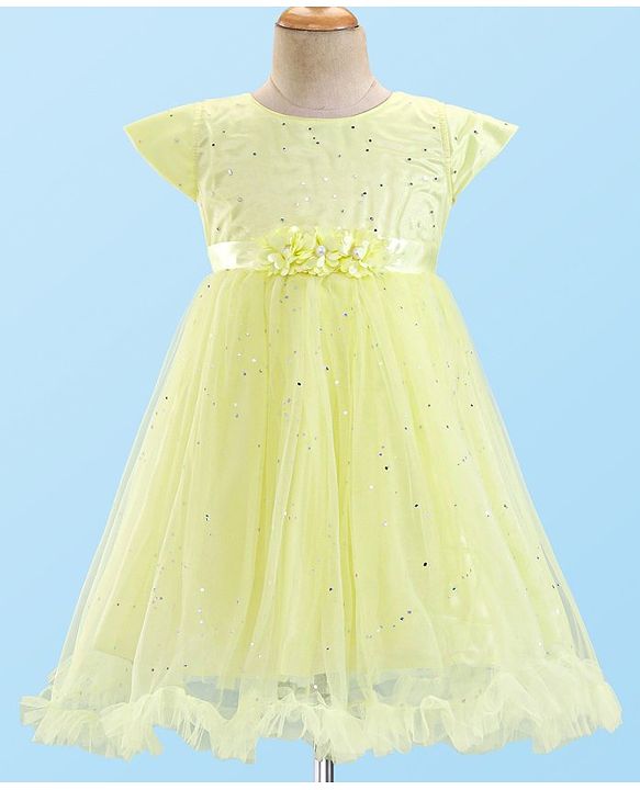Babyhug Cap Sleeves Party Wear Fit and Flare Dress with Floral Applique- Yellow