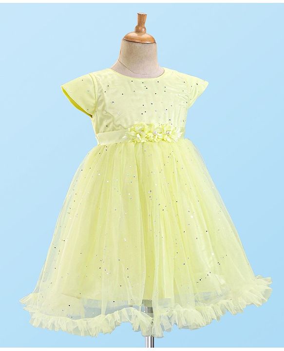 Babyhug Cap Sleeves Party Wear Fit and Flare Dress with Floral Applique- Yellow