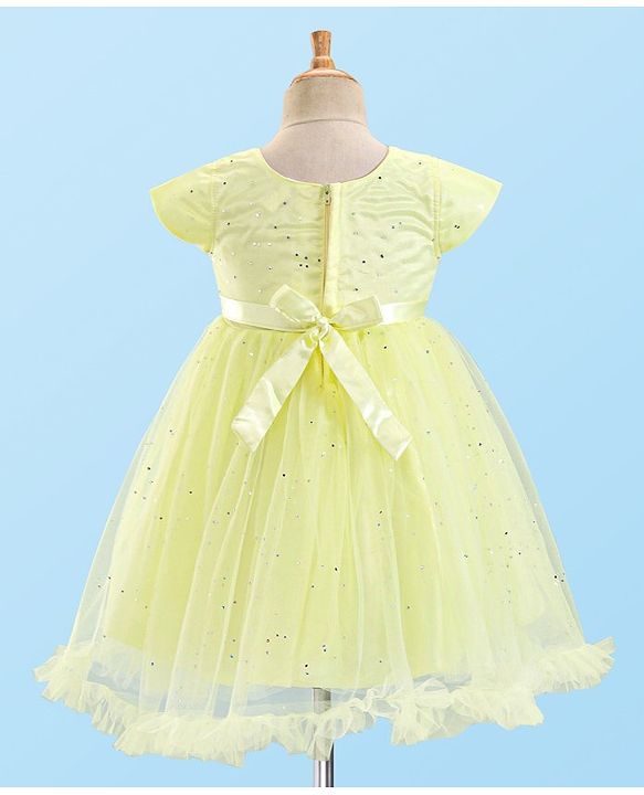 Babyhug Cap Sleeves Party Wear Fit and Flare Dress with Floral Applique- Yellow