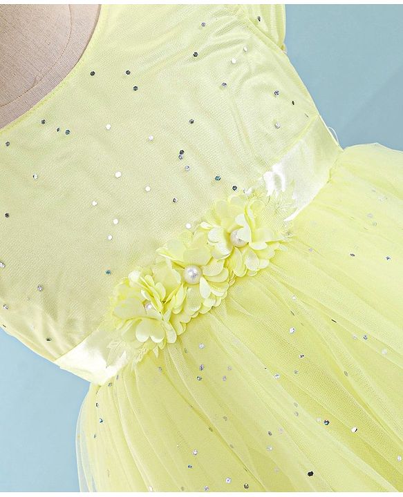 Babyhug Cap Sleeves Party Wear Fit and Flare Dress with Floral Applique- Yellow