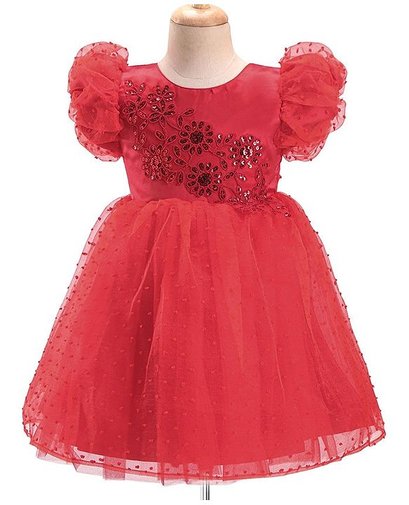 Babyhug Half Puffed Sleeves Sequins & Embroidery Detailing Fit & Flare Party Frock - Red