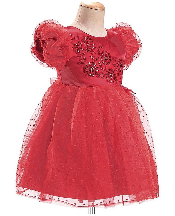 Babyhug Half Puffed Sleeves Sequins & Embroidery Detailing Fit & Flare Party Frock - Red