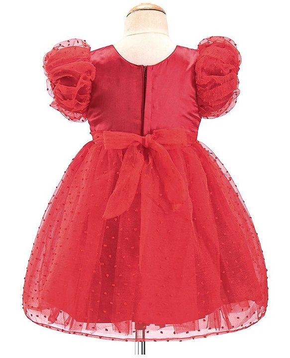 Babyhug Half Puffed Sleeves Sequins & Embroidery Detailing Fit & Flare Party Frock - Red
