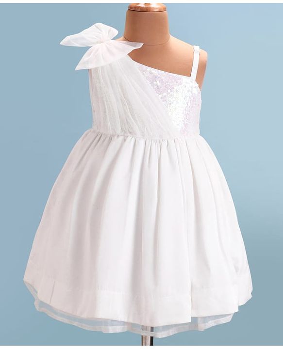 Babyhug Woven One Shoulder Sleeves Party Frock with Bow & Sequin Detailing  - White