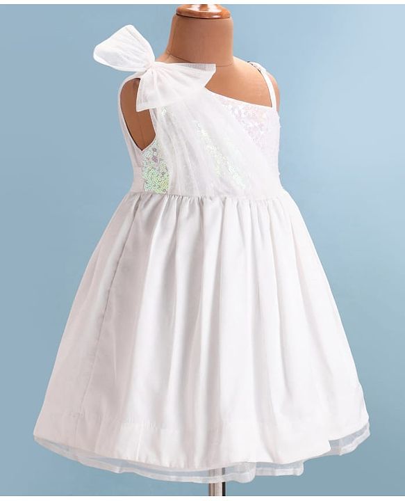 Babyhug Woven One Shoulder Sleeves Party Frock with Bow & Sequin Detailing  - White