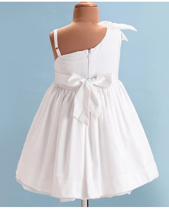 Babyhug Woven One Shoulder Sleeves Party Frock with Bow & Sequin Detailing  - White