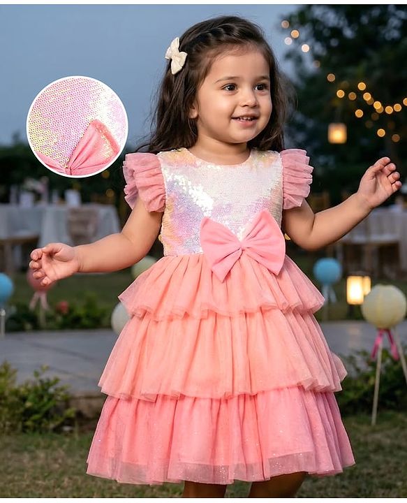 Babyhug Woven Frill Sleeves Layered Party Dress with Sequins & Bow Detailing - Pink