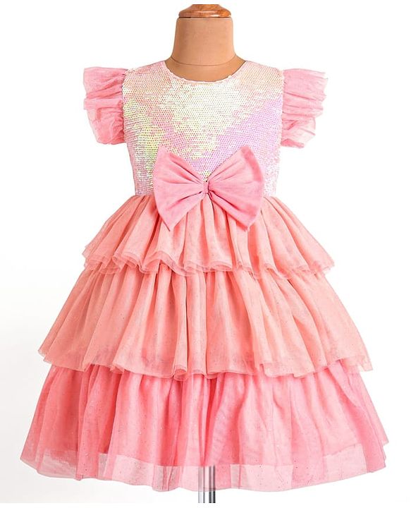 Babyhug Woven Frill Sleeves Layered Party Dress with Sequins & Bow Detailing - Pink