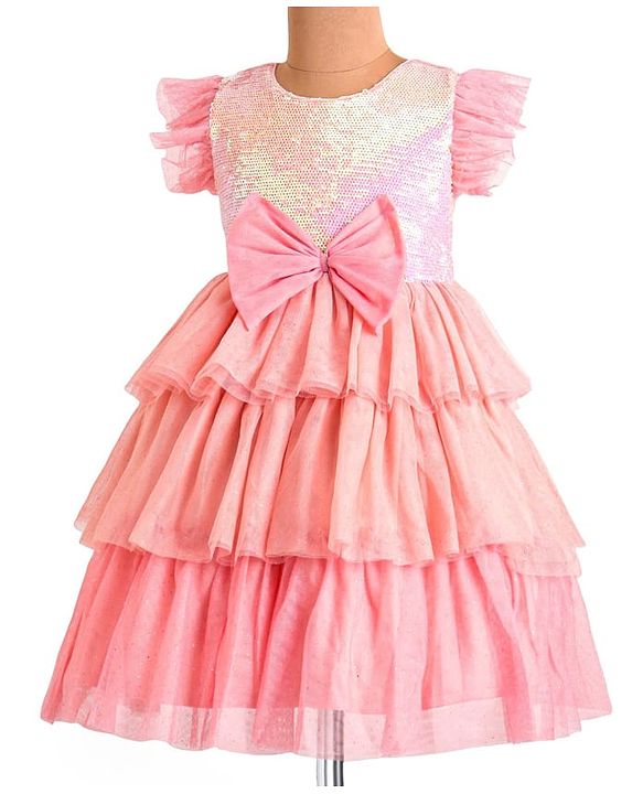 Babyhug Woven Frill Sleeves Layered Party Dress with Sequins & Bow Detailing - Pink