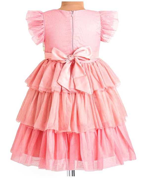Babyhug Woven Frill Sleeves Layered Party Dress with Sequins & Bow Detailing - Pink