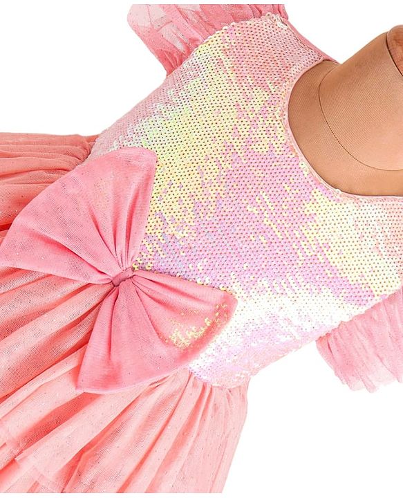 Babyhug Woven Frill Sleeves Layered Party Dress with Sequins & Bow Detailing - Pink