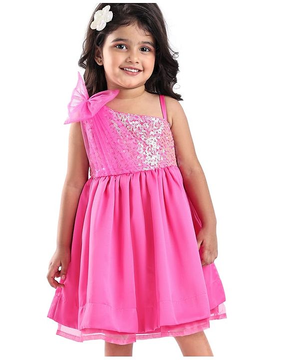 Babyhug Woven One Shoulder Sleeves Sequined Fit & Flared Party Frock with Floral Applique - Dark Pink