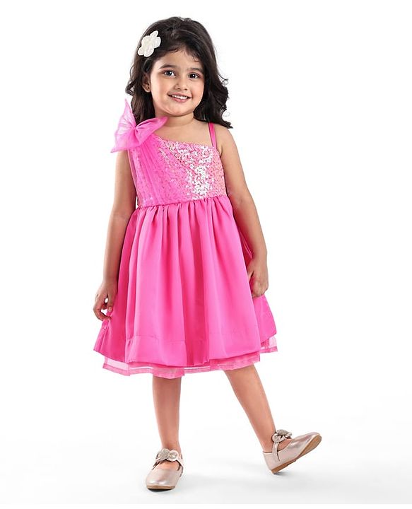 Babyhug Woven One Shoulder Sleeves Sequined Fit & Flared Party Frock with Floral Applique - Dark Pink