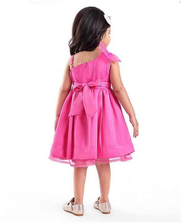 Babyhug Woven One Shoulder Sleeves Sequined Fit & Flared Party Frock with Floral Applique - Dark Pink