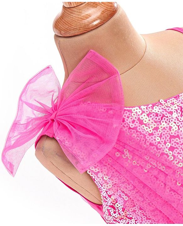 Babyhug Woven One Shoulder Sleeves Sequined Fit & Flared Party Frock with Floral Applique - Dark Pink