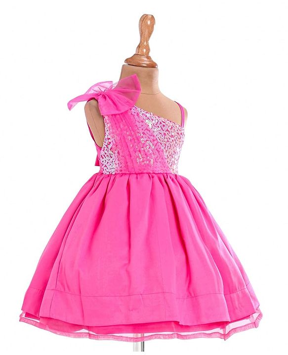 Babyhug Woven One Shoulder Sleeves Sequined Fit & Flared Party Frock with Floral Applique - Dark Pink