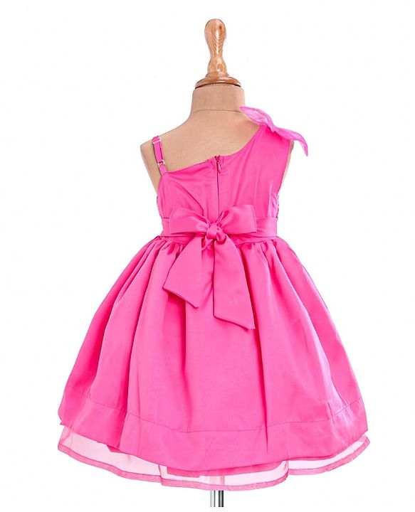 Babyhug Woven One Shoulder Sleeves Sequined Fit & Flared Party Frock with Floral Applique - Dark Pink