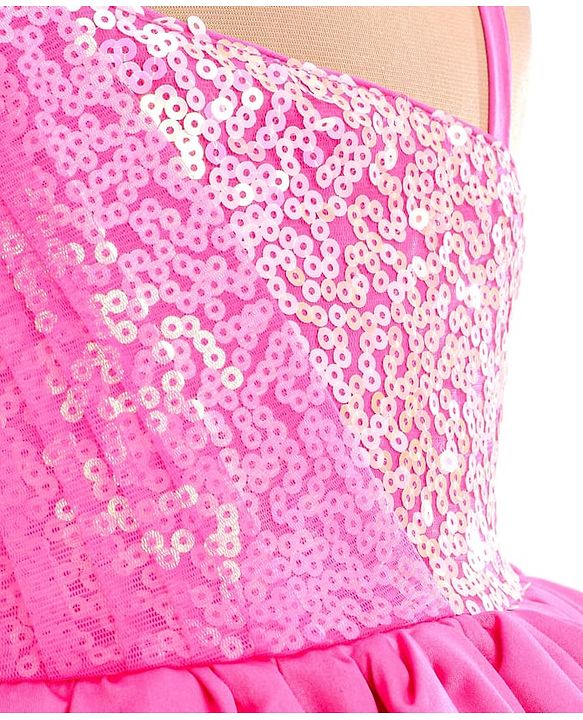 Babyhug Woven One Shoulder Sleeves Sequined Fit & Flared Party Frock with Floral Applique - Dark Pink