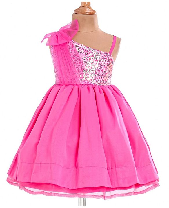 Babyhug Woven One Shoulder Sleeves Sequined Fit & Flared Party Frock with Floral Applique - Dark Pink
