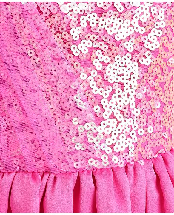 Babyhug Woven One Shoulder Sleeves Sequined Fit & Flared Party Frock with Floral Applique - Dark Pink
