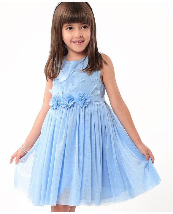 Babyhug Sleeveless Shimmered Party Frock with 3D Butterfly & Floral Applique - Blue