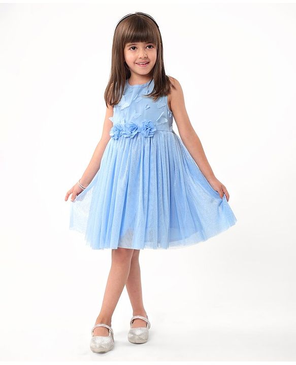 Babyhug Sleeveless Shimmered Party Frock with 3D Butterfly & Floral Applique - Blue
